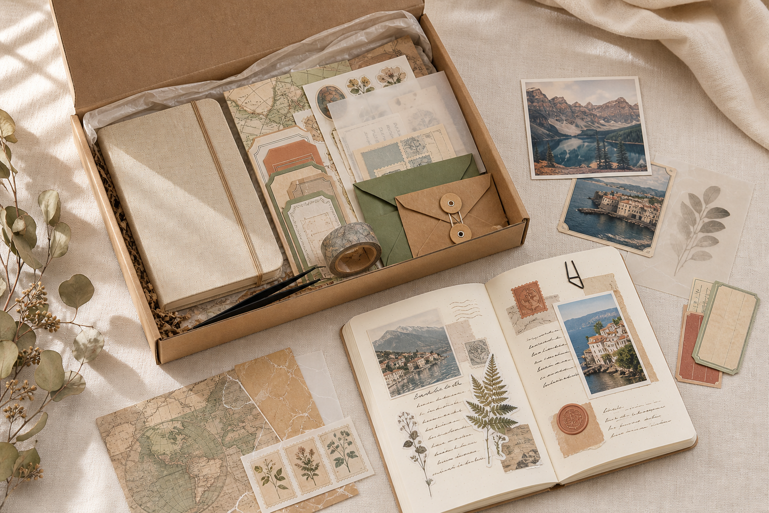 Concept image of the planned Keepsake Atlas travel memory journal starter kit